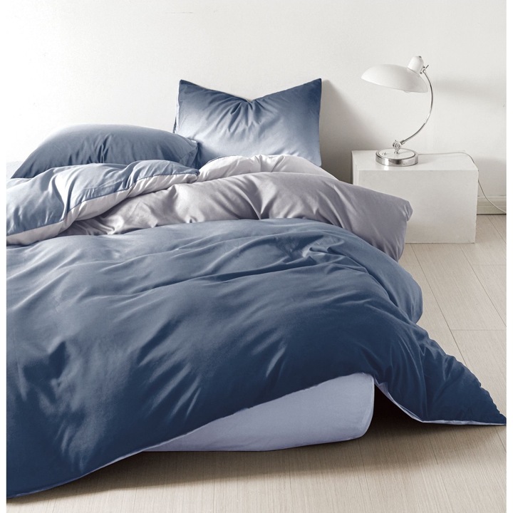 Set Lenjerie CHIRASO, din Bumbac Satinat, pentru 1 sau 2 persoane, 4 piese, Cearceaf de pat 155 x 220 cm, Cearceaf pilota 155 x 200 cm, 2 fete de perna 55 x 75 cm, degrade, albastru prafuit