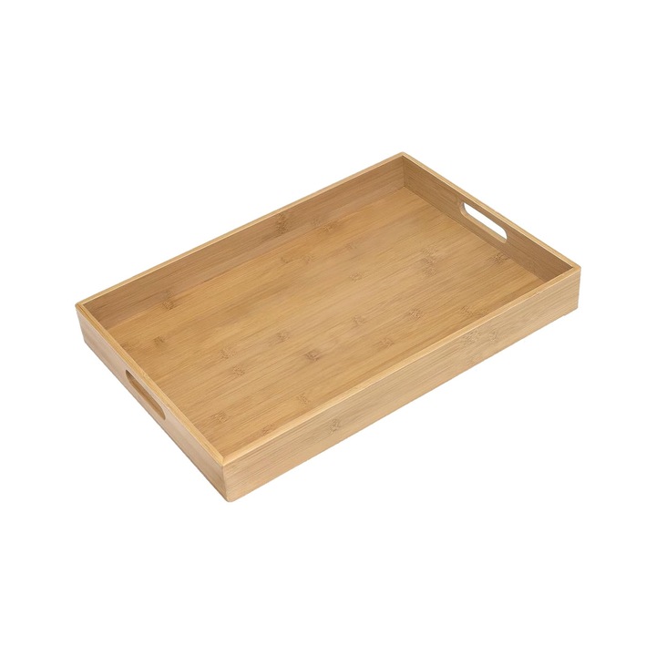 Tava de servire cu manere, SINBINTA, Tava de mic dejun din bambus, Usor de depozitat, Rezistent, Nu este usor de deformat, Curatare usoara, Folosita in dormitor, bucatarie, sufragerie, spital, 40*29*4.3cm, Maro