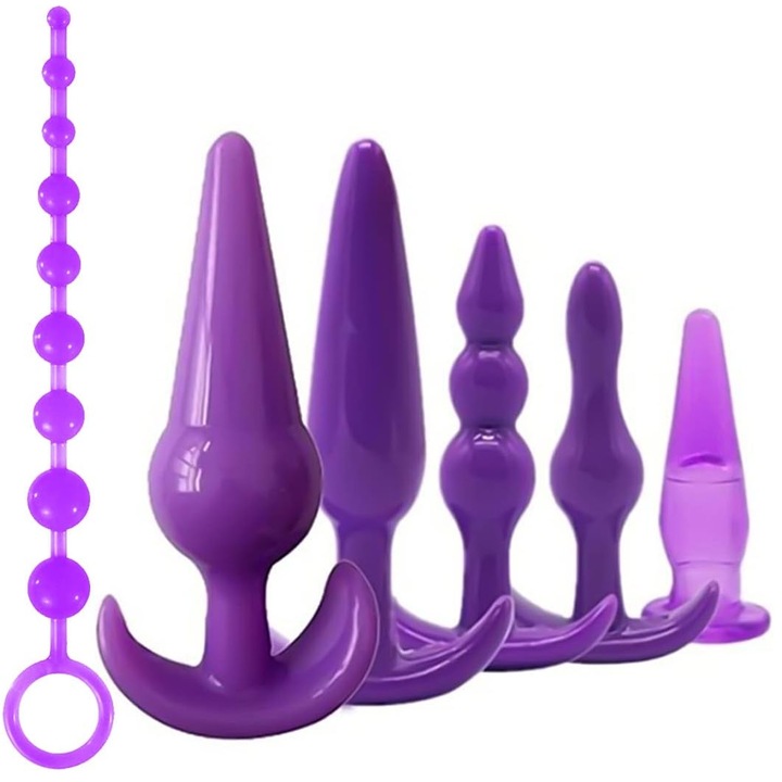 Set 6 Dopuri Anale, SINBINTA, 5 dopuri si bile, Varf Tapered, Cu maner, Non-toxic, Rezistent la Apa, Usor de curatat, Usor de transportat, Pentru masaj punct G sau penetrare anala, TPE, Violet