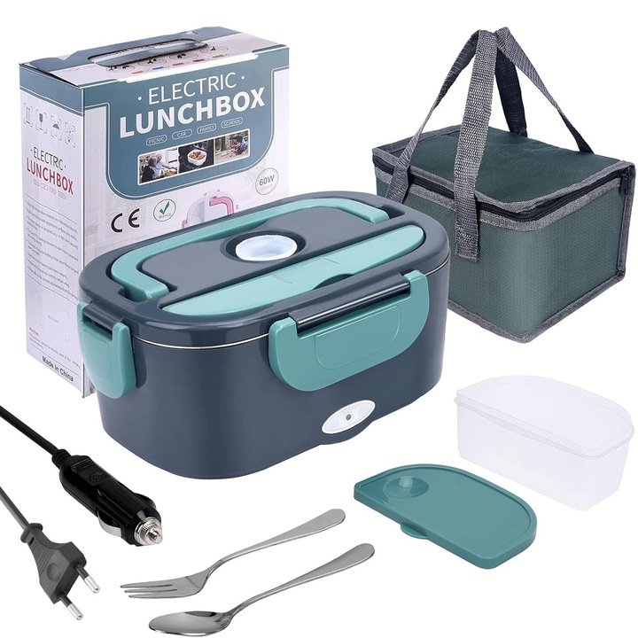 Elektromos, fűtött ebédlődoboz, SINBINTA, kivehető 304-es rozsdamentes acél tartály, 1500 ml, szivárgásmentes, hordozható, könnyen tisztítható, korrózió- és oxidációálló, autóhoz, teherautóhoz és otthoni használatra, 235 * 105 * 170 mm, zöld