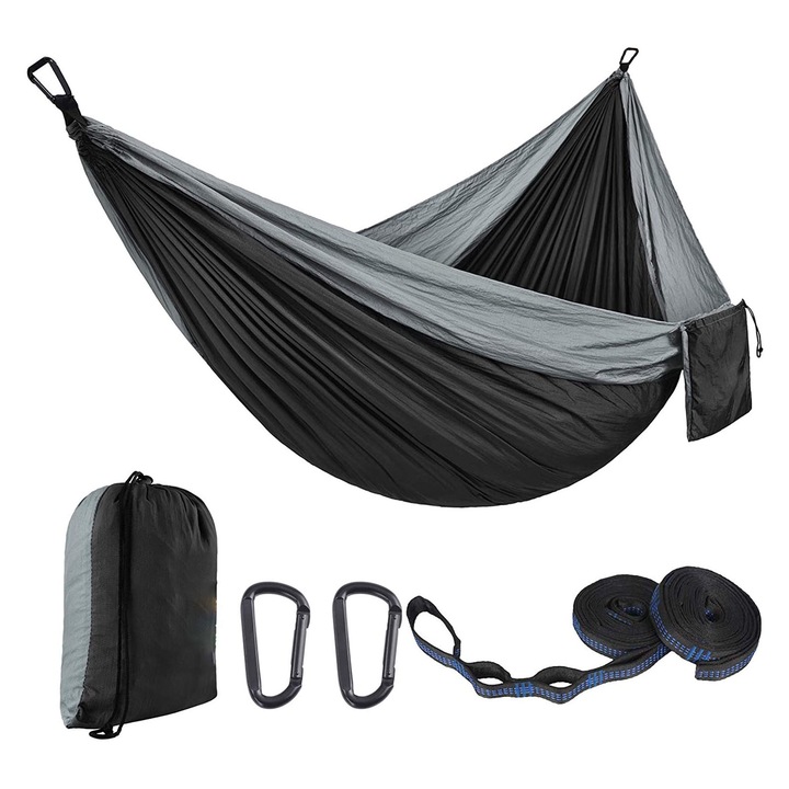 Hamac, SINBINTA, Doua curele de prindere si carabine incluse, Ultra usor, Ultra portabil, Usor de instalat, Greutate maxima suportata 200 kg, Pentru camping, outdoor, backpacking, Nylon, 270 * 140cm, Negru/Gri