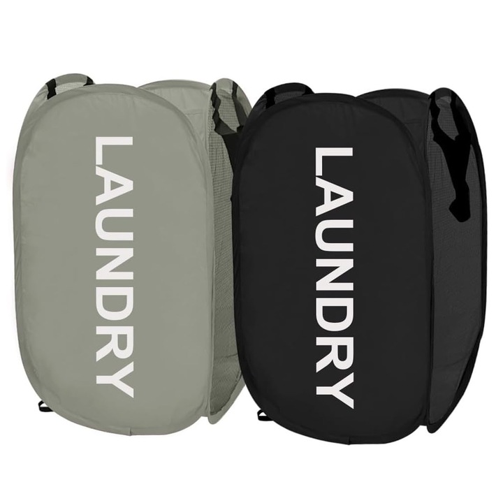 Комплект от 2 сгъваеми коша за пране, SINBINTA, Сгъваем кош за пране с дръжки, Със страничен джоб, Устойчив на прах и влага, Устойчив на износване, За организиране и съхранение, Полиестер, 36*36*58см, Сив/Черен