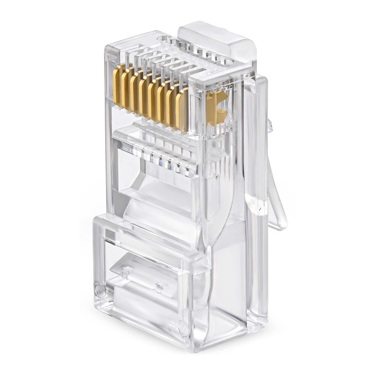 Комплект от 100 конектора rj45, SINBINTA, RJ45 конектори за LAN мрежа, Лесен за инсталиране, Устойчив на износване, Не се чупи лесно и може да служи дълго време, Стабилно предаване, За Cat5 Cat5e кабел, Пластмаса/Метал, 12*23*8 мм, Прозрачен