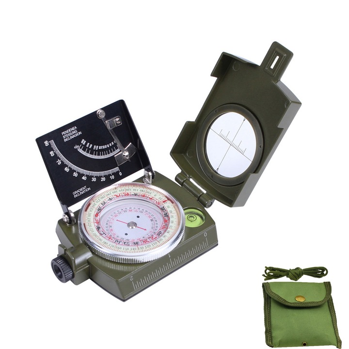 Професионален военен туристически компас, SINBINTA, С калъф и ремък, Преносим дизайн, Водоустойчив, Светещ, За къмпинг, туризъм или лов, ABS/Акрил, 9,7*6,3*2,8 см, Военно зелен