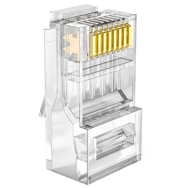 Комплект от 100 конектора rj45, SINBINTA, RJ45 конектори за LAN мрежа, Лесен за инсталиране, Устойчив на износване, Не се чупи лесно и може да служи дълго време, Стабилно предаване, За Cat6 Cat6e кабел, Пластмаса/Метал, 12*23*8 mm, Прозрачен