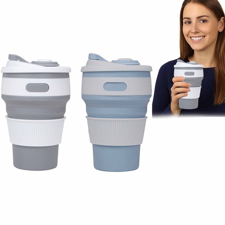 Set de 2 sticle de apa pentru sport, SINBINTA, Sticla de baut pliabila, 350ml, Fara BPA, Etansa, Usor de transportat, Rezistenta la spargere, Potrivit pentru sport, fitness, calarie in aer liber, Silicon, 87*87*140mm, Gri/Albastru