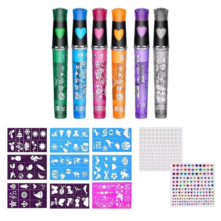 Tatuaje temporare cu sclipici pentru copii, SINBINTA, Diferite accesorii, Usor de aplicat si indepartat, 6 culori, Lipici gel, Skin friendly, Perfect pentru petreceri, imbracaminte si distractie creativa, Multicolor