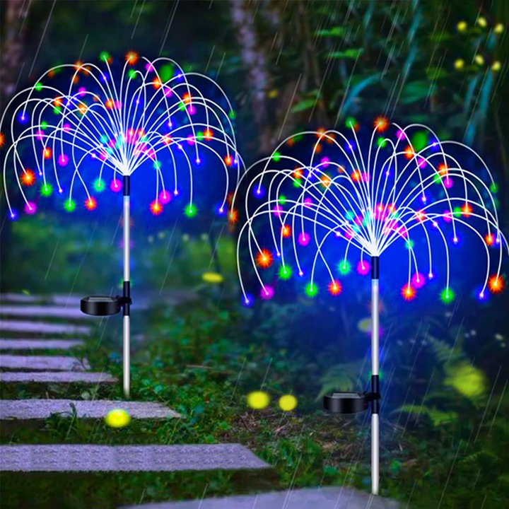 Pachet 2 lampa solara de gradina, bibubibu®, 240 x LED, 8 moduri, Iluminare pana la 10 ore, Usor de utilizat, Efect de focuri de artificii, Impermeabil IP65, 1.2V, 600 mAh, Rezistent la coroziun, Reutilizabile, Multicolor