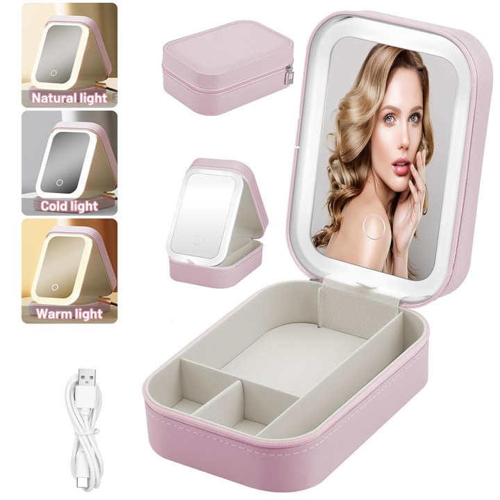 Mini oglinda cosmetica cu led pentru machiaj, Hggzeg, Oglinda cosmetica cu led pentru machiaj, Cu cablu de incarcare USB, Iluminata LED, 3 tipuri de lumina, Touch switch, Pentru iesirile in oras sau calatorii, PU/PS, 16.5x11.2x6 cm, Roz