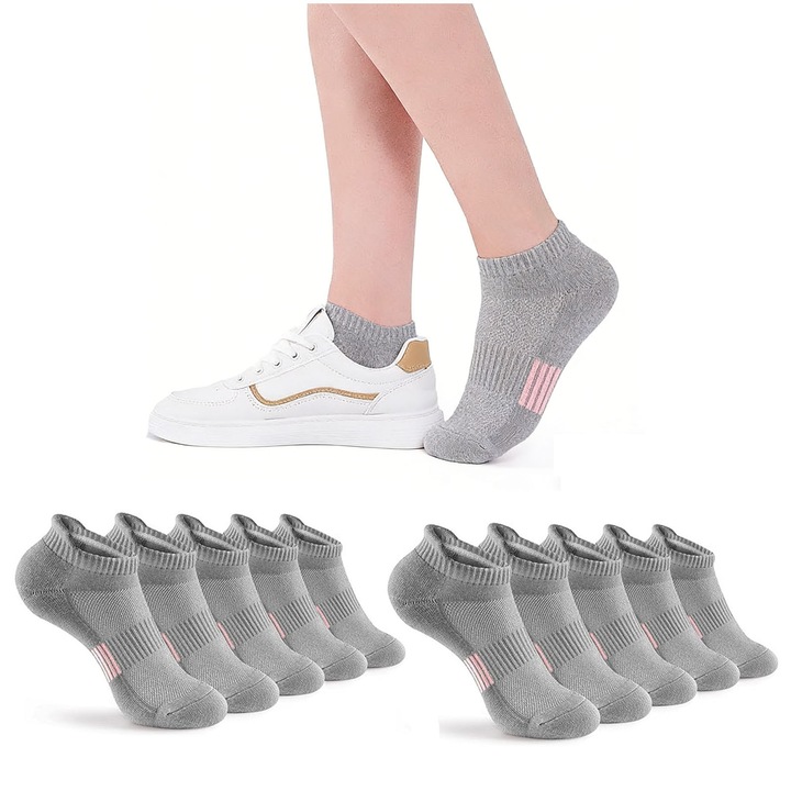 Sosete antiderapante, SINBINTA, 10 perechi, Sosete scurte unisex pentru fitness, Sosete scurte si sport, Nu se estompeaza, Respirabil, Elasticitate ridicata, Rezistent la deformare, Pentru baschet, alergare, yogapilates, Bumbac, 35-43, Gri