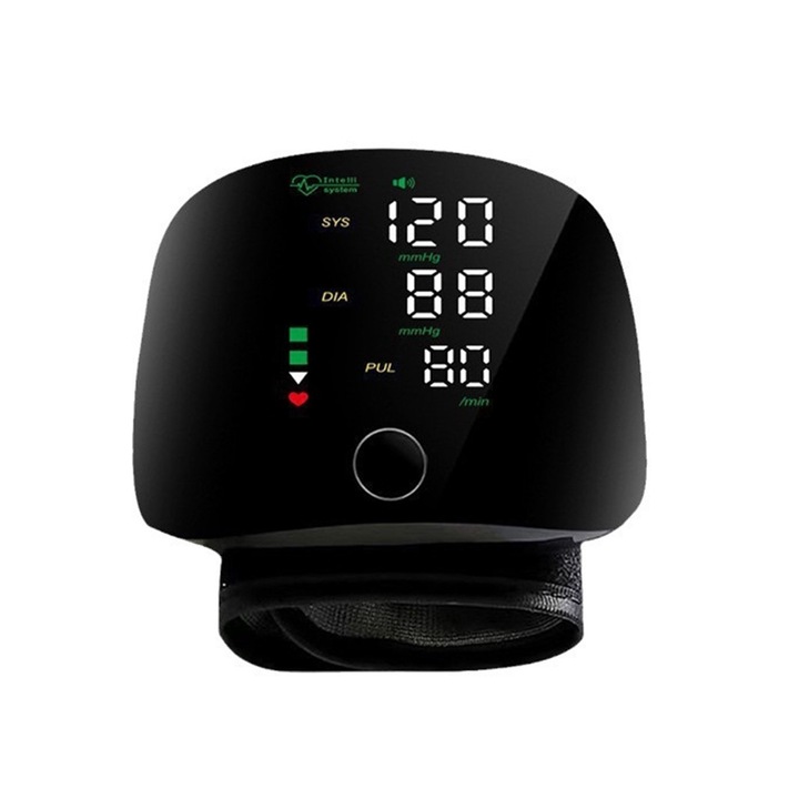 Beeherb™ апарат за кръвно налягане на китката, LED дисплей с големи знаци, Гласово предаване на английски език, Използване с възможност за презареждане, Бързо автоматично измерване, Клинично валидиран, Черен