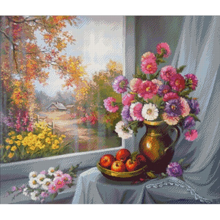 Flori de toamna la fereastra - kit goblen cu diagrame