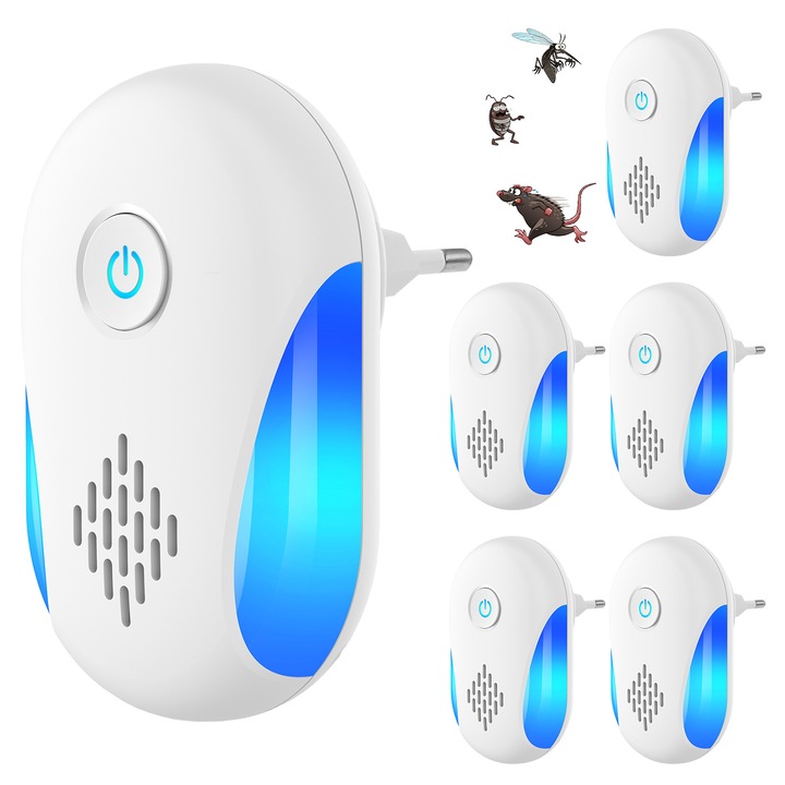 Repelent ultrasonic pentru insecte, Taipintee, set de 6, alb, 2 in 1, eficient impotriva daunatorilor