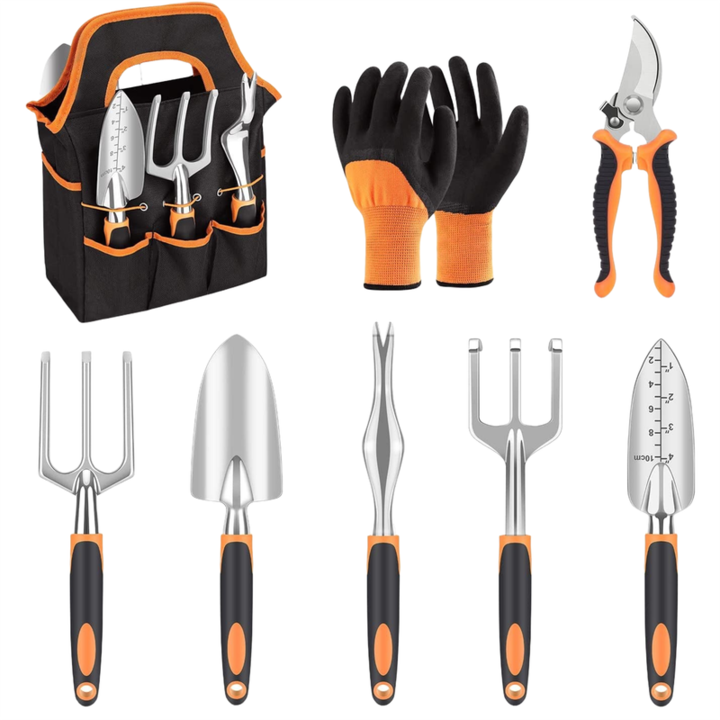 8 db-os kerti szerszám készlet, ergonomikus csúszásmentes fogantyú, tárolótáska, narancssárga/fekete