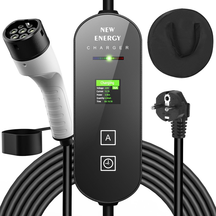 Cablu de incarcare tip 2 Schuko, 3.5 kW, 6-16A, cu display digital, 5m, pentru vehicule electrice