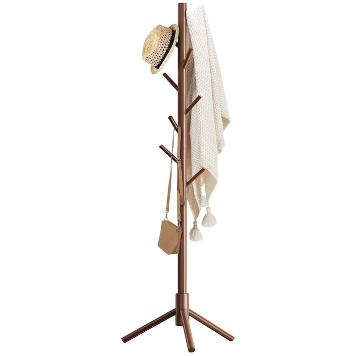 Cuier Hol, SINBINTA, Cuier Vertical cu Design Modern, 8 agatatori pentru paltoane, palarii si genti de mana, Constructie solida, Usor de instalat, Pentru intrare, hol, dormitor, birou, Lemn, 42x42x175 cm, Maro