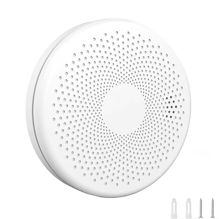 2 az 1-ben intelligens füst- és szén-monoxid-érzékelő, SINBINTA, Riasztó, Vezeték nélküli, Interneten/telefonon keresztül vezérelhető, LED állapotjelző, Tuya/SmartLife kompatibilis, Valós idejű gázkoncentráció-figyeléshez, ABS, 12x12x3,1cm, Fehér