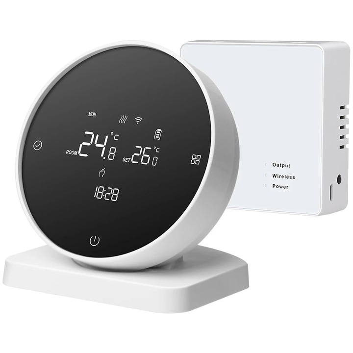 Termostat de Ambient Smart, SINBINTA, WiFi, RF Wireless, Controlat prin internet/telefon, Programabil, Receiver inclus, Tuya/Google Home/Alexa, Compatibil boiler si incalzire in pardoseala, Plastic, 8.6x8x10.5/8.6x8.6x2.8cm, Negru/Alb