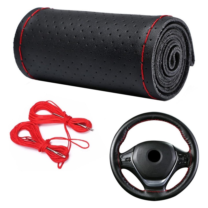 Prémium autó kormánykerék huzat, SINBINTA, Varrótűvel és cérnával, Lélegző, csúszásmentes, Biztonságos illeszkedés, Könnyű felhelyezés, Könnyen tisztítható, A legtöbb autóhoz, teherautóhoz, SUV-hoz, Bőr, 38cm, Fekete/Rózsaszín