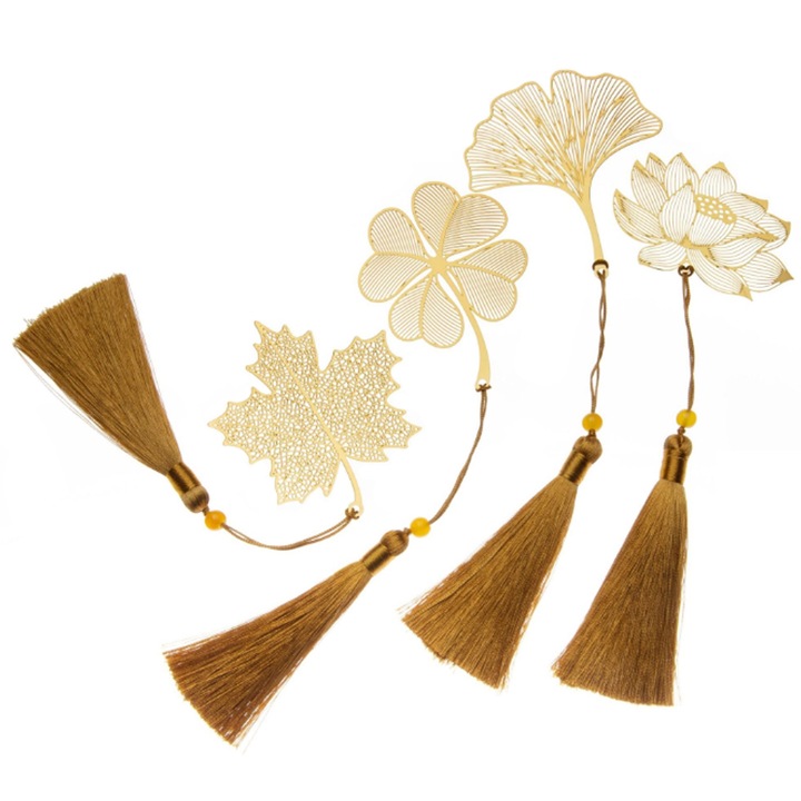 Set 4 Semn de Carte Metalic, SINBINTA, Semn de Carte cu Trifoi cu Patru Foi cu Ciucuri, Frunza de artar, Ginkgo biloba, Floare de lotus, Nu se estompeaza, Rezistent la rugina, Pentru pasionatii de lectura, Metal, 5x17.8x0.05cm, Auriu