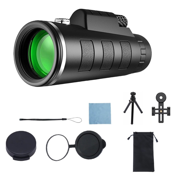 Monoclu Telescop Profesional, SINBINTA, Marire 10x, Cu suport pentru smartphone si trepied, HD, Putere mare de focalizare, Impermeabil si anti-ceata, Vedere de zi si de seara, Pentru observarea pasarilor, vanatoare, calatorii, ABS, 16X5.5cm, Negru