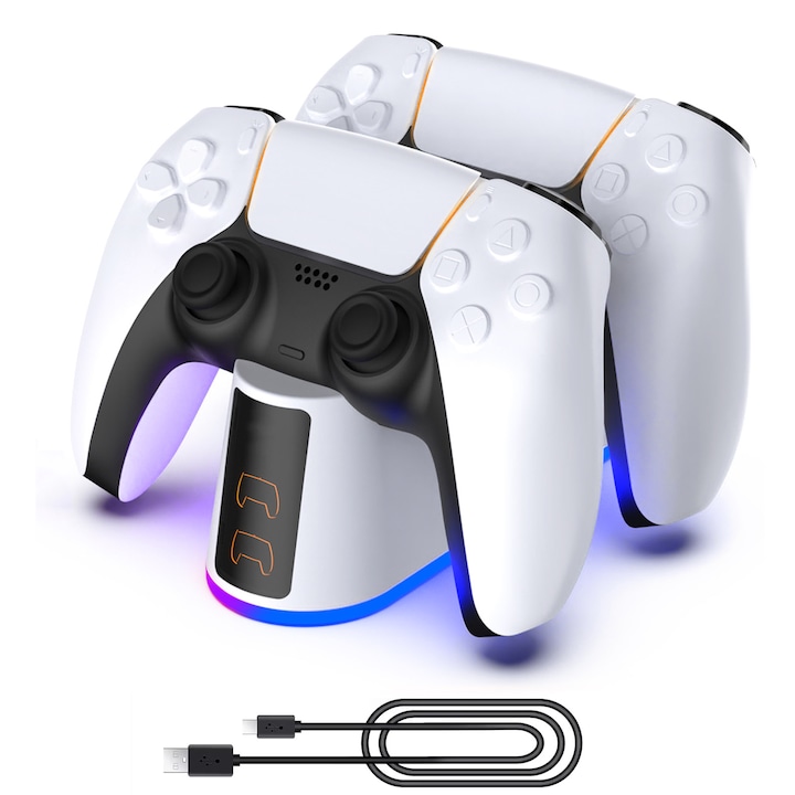 PS5 kontroller töltőállomás, SINBINTA, Gyorstöltés 2 joystickhoz, 7 fényeffektus, LED töltésjelző, 0,8 m töltőkábel, Kompakt méretek, Playstation 5-höz, ABS, 14x5x6cm, Fehér