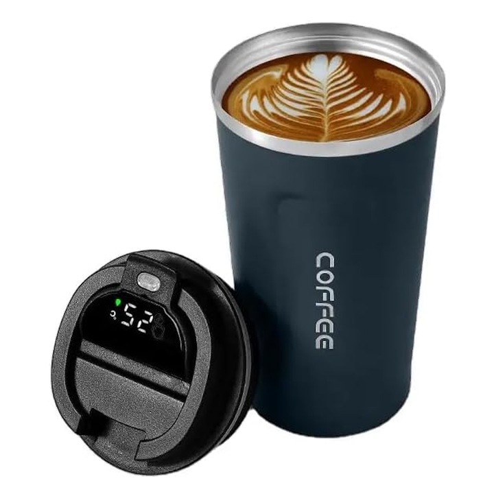 Термо чаша, SINBINTA, 500 мл, неръждаема стомана, устойчива на ръжда и протичане, LED дисплей за температура, неплъзгаща се основа, ергономичен дизайн, удобна за носене, лесна за почистване, 6,9 x 16,8 см, синя