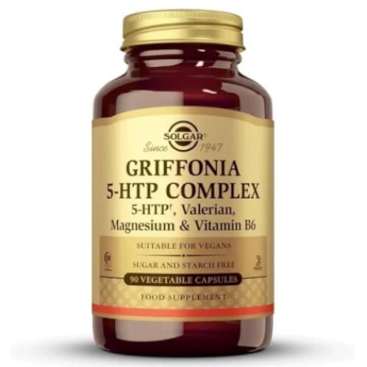 Supliment Solgar, Griffonia 5-HTP Complex, 90 capsule vegetale, 5-HTP, magneziu, vitamina B6