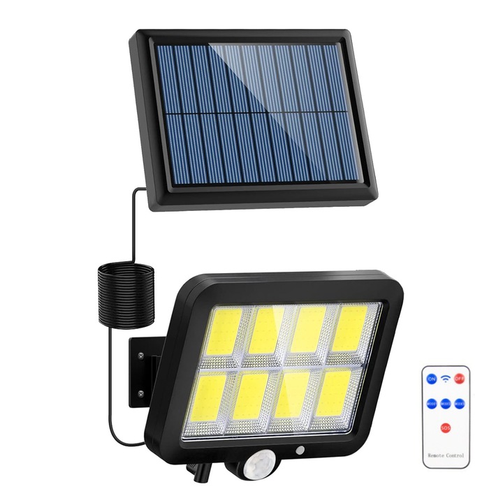 Външна соларна лампа, 160 LED, 3 режима, сензор за движение, 5 м кабел, регулируем соларен панел, водоустойчива, черна