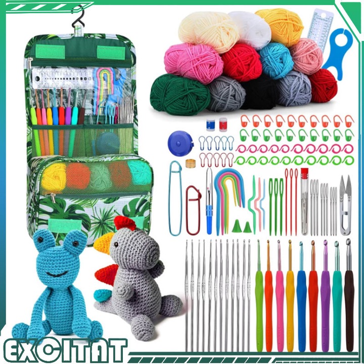 Set de crosetat, EXCITAT®, 117 Piese, Crosetat si bricolaj pentru incepatori si avansati, 12 skeins of crochet yarn included, Cu geanta depozitare, Crosete diverse dimensiuni, Usor de transportat, Multicolor