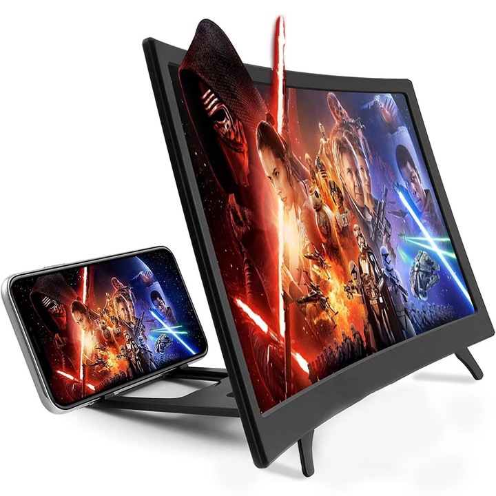 Усилвател на изображението на телефона, EXCITAT®, сгъваем, Универсален, 3D екран за проектор, сгъваем държач за телефон с извит усилвател на екрана, съвместим с всички смартфони, 14 инча, Филтриране на синя светлина, Черен