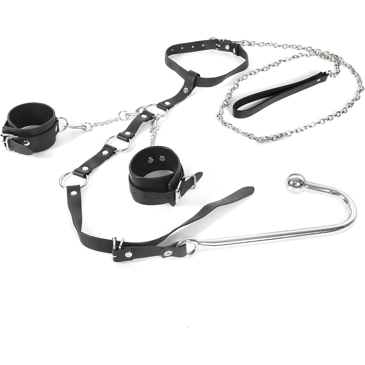 Set BDSM, Kit Restraints, Sexual Bondage Anal Hookup, EXCITAT®, Neck to Wrist Restraint Kit cu lant de tractiune, guler de catuse reglabil in spatele spatelui, Role Play, SM Play Accessories for Female Male Couple Beginner, Negru