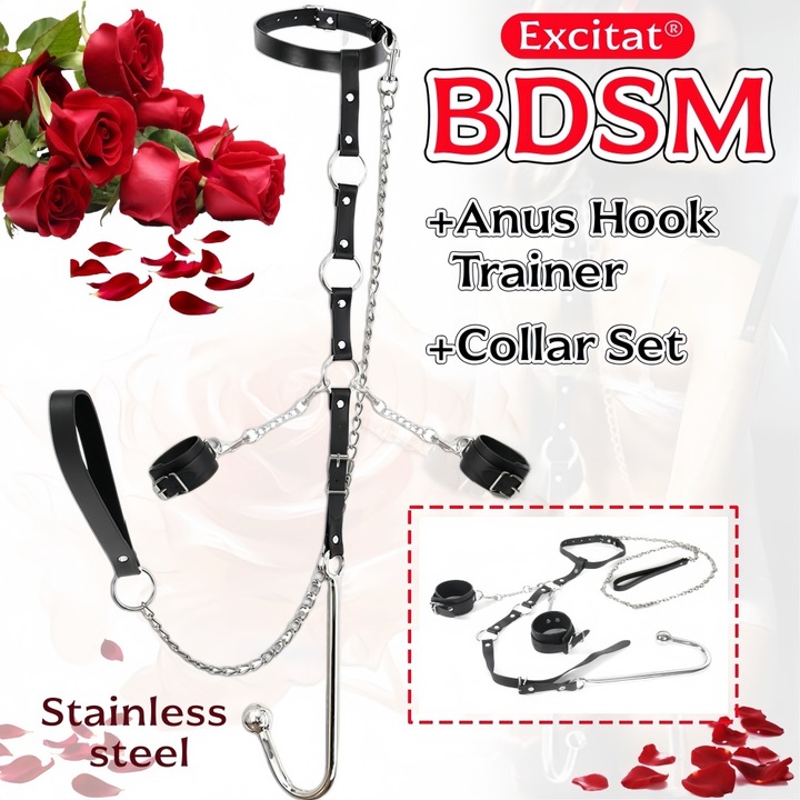 Set BDSM, Kit Restraints, Sexual Bondage Anal Hookup, EXCITAT®, Neck to Wrist Restraint Kit cu lant de tractiune, guler de catuse reglabil in spatele spatelui, Role Play, SM Play Accessories for Female Male Couple Beginner, Negru