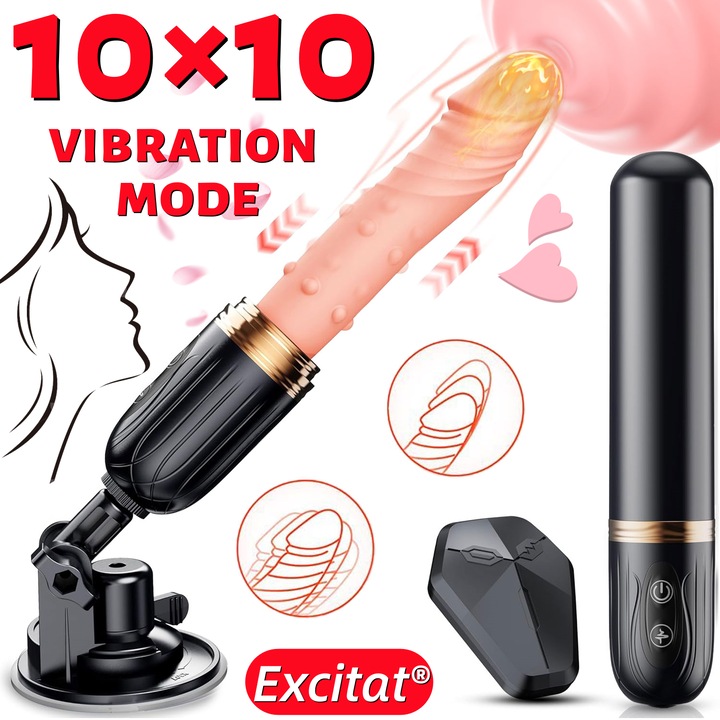 Masina de sex, EXCITAT®, Jucarii sexuale cu vibrator, Dildo cu ventuze, Dildo realist cu ventuze cu 10 pompe si 10 vibratii, incalzit, cu telecomanda, G-Spot Anal, pentru femei barbati cupluri, 23cm, negru
