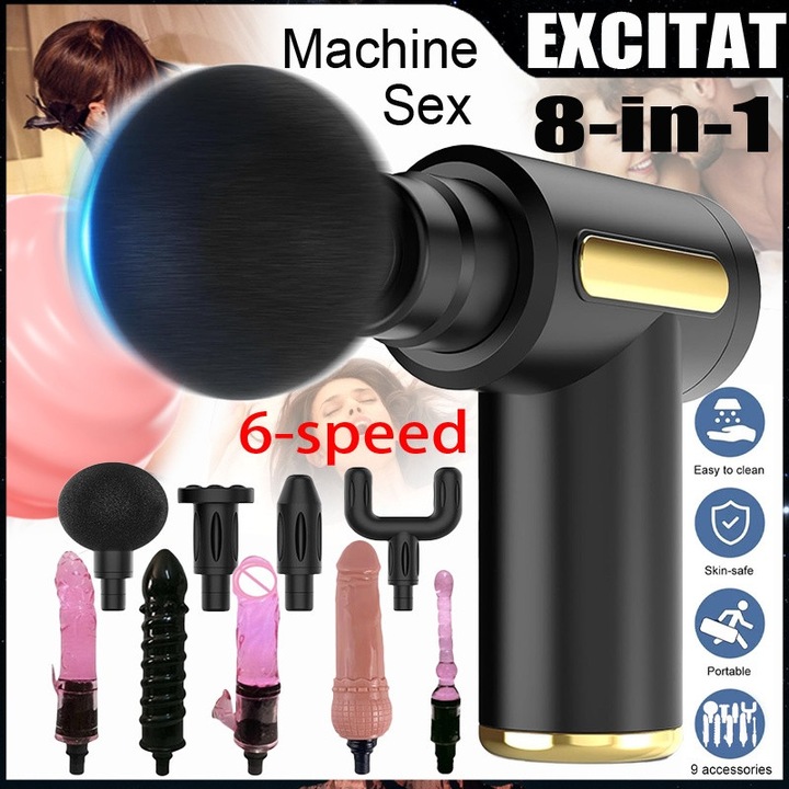 Masina de sex 8 in 1, Set pistol de masaj sexual, EXCITAT®, 6 viteze de reglare, 9 atasamente, 5 dildo-uri, portabil, stimulare clitoridiana, stimulator vaginal feminin clitoridian g-spot, Silentios, 20cm