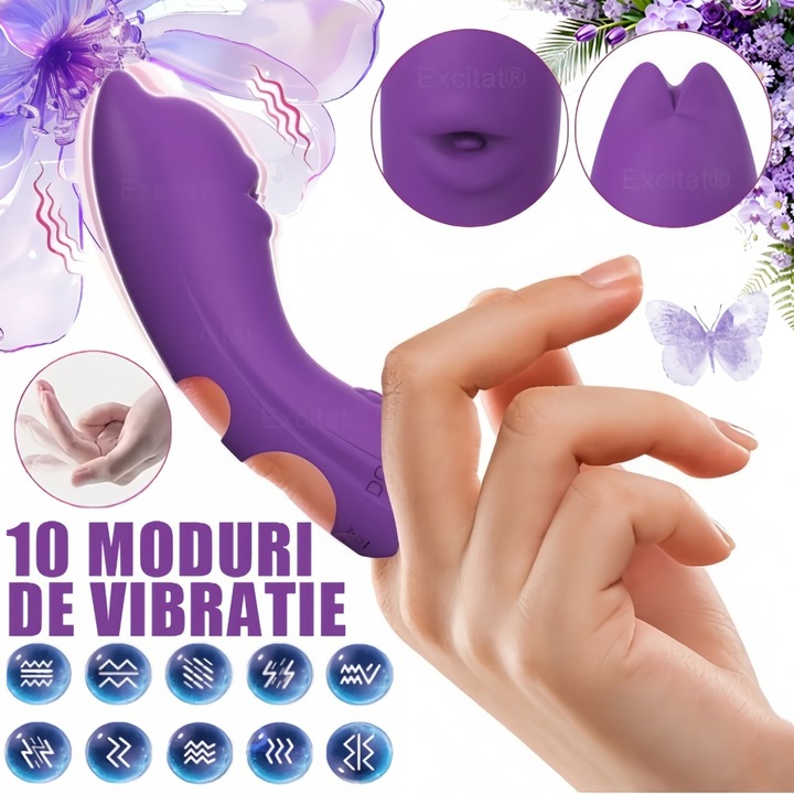 Mini manson vibrator pentru degete, EXCITAT®, 10 moduri de vibratie, Nipple G-spot stimularea clitorisului, Masaj cu cap de pisica, Silentios, Incarcare USB, Silicon Medical Hipoalergenic, rezistent la apa, pentru femei barbati cupluri, Mov