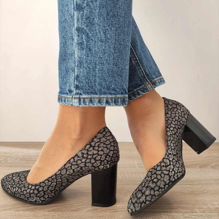 Pantofi Eleganti Dama Perlla 470-13 Negri Velur + Argintii - Negru Velur + Argintiu, Negru/Argintiu