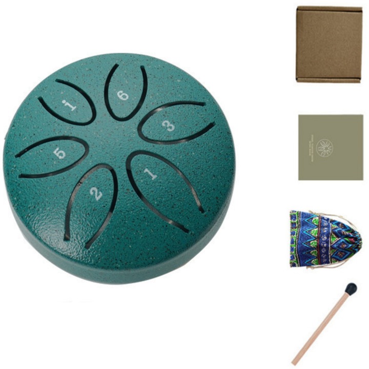 Set Toba din otel, 6 note, 3 inch, educatie muzicala, portabila, set cu bete, Vanaxalife®, Verde