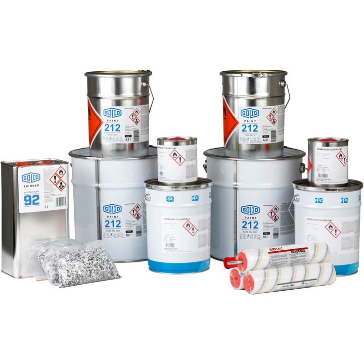 Vopsea epoxidica, Solidpaint 212, Set pentru 60 m², 20 l baza epoxidica gri, 8, 8 l intaritor, 5 l diluant, Semi-mat, Rezistenta la conditii meteorologice, Externa, Pentru beton