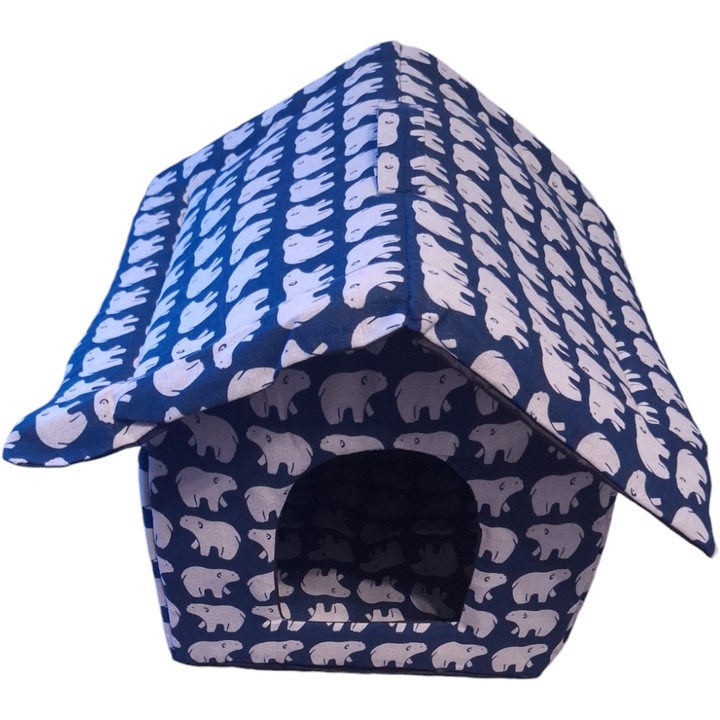 Culcus Tip Casuta Cu Maner Pentru Animale De Companie, Vision XXI, Poliester, Albastru Cu Model, Mic, 25*30*30cm