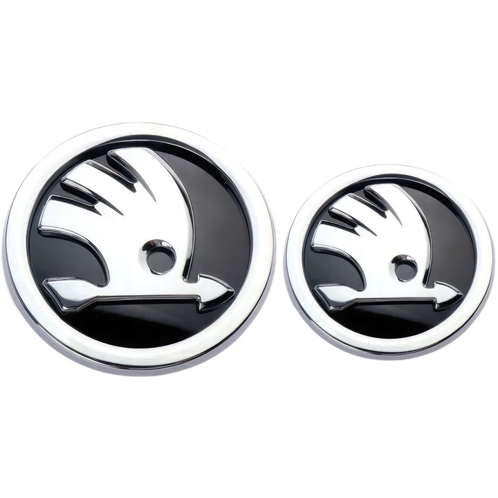 1 Set SKODA EMBLEMA BADGE LOGO SET pentru FATA/SPATE 90/80 mm pentru FABIA, OCTAVIA.(argintiu si negru)