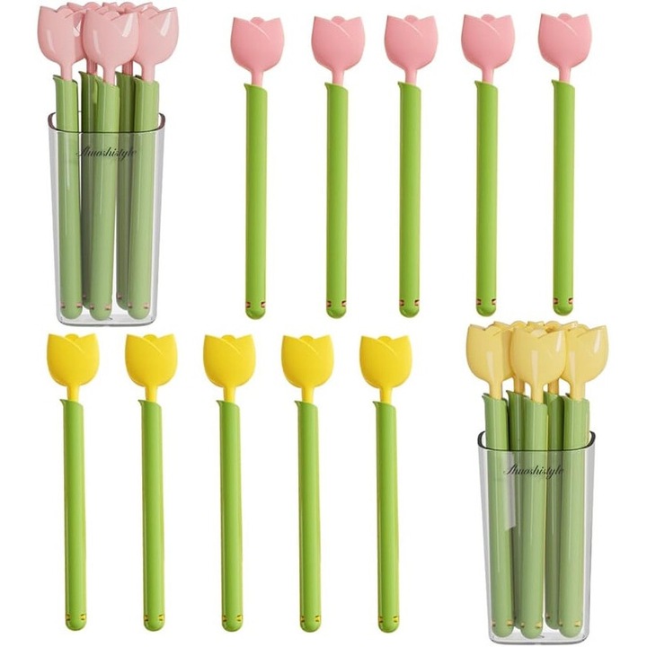 10 db tulipán típusú zárókapcsos készlet 2 mágneses tárolódobozzal, rózsaszín és sárga