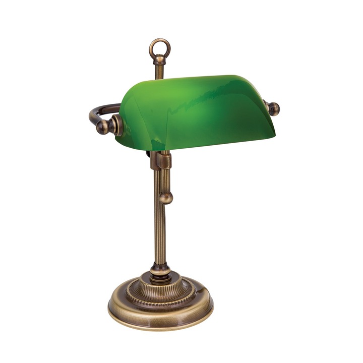 Lampa de masa HARVARD, Baza soclu alama solida, Nuanta alama antica, Abajur de sticla verde pivotant si reglabil pe inaltime, Comutator cu snur de tragere, E14, 40W, Inaltime 32cm ORION