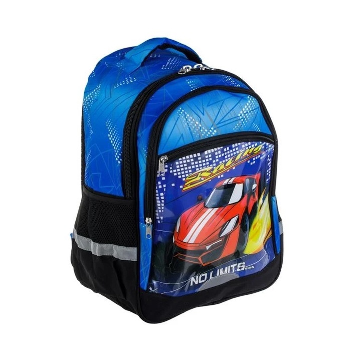 Ghiozdan pentru scoala, model masina, 31.5x20x44.5 cm, albastru cu negru