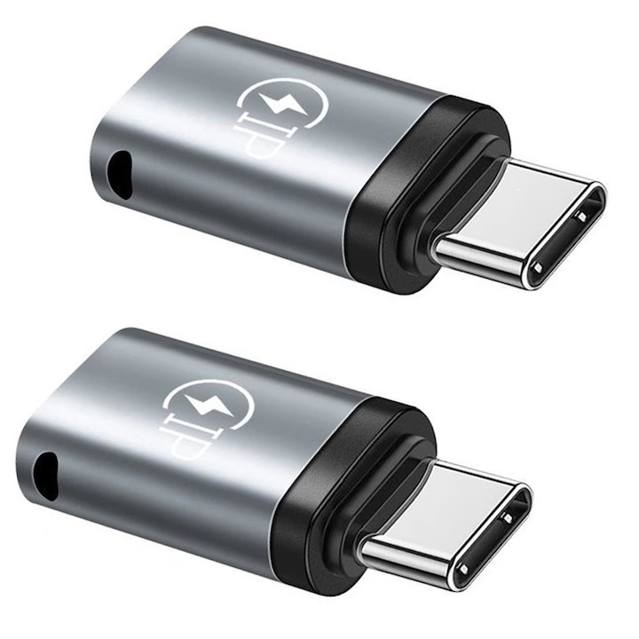 Set 2 adaptor lightning-USB C, Incarcare rapida, Transmisie de mare viteza, 2.1A, 5V, Plug and play, Portabil, Compatibil Samsung, Huawei, Xiaomi, Aliaj de aluminiu/ABS, 13*27mm, Argintiu cromat