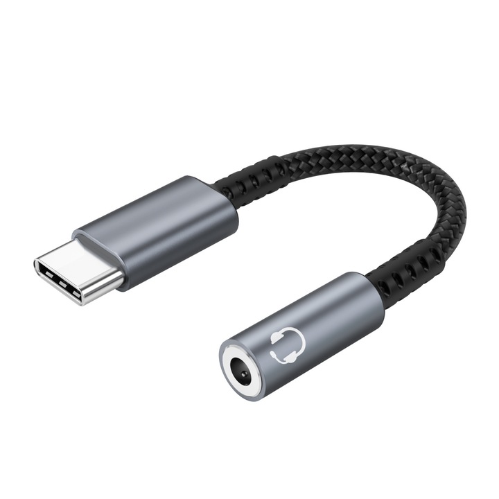Adaptor audio USB-C la Jack 3.5mm, SuooTci, portabil, 10cm, negru/argintiu