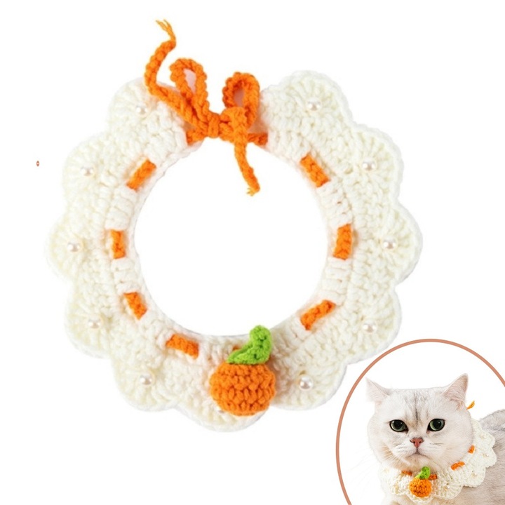 Zgarda pentru animale de companie, portocaliu/alb, ajustabila, crosetata manual, pentru pisici si caini mici pana la 9kg