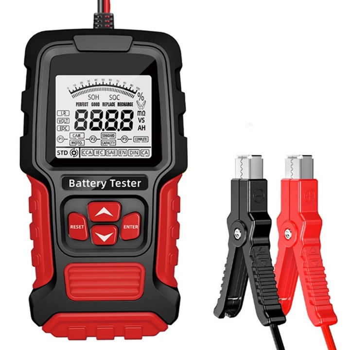 Диагностичен тестер за автомобилни акумулатори, Rqiurpn, 12V/24V, 100-2000 CCA, универсален, цифров дисплей, за автомобили, камиони, мотоциклети, джипове, лодки, черен/червен