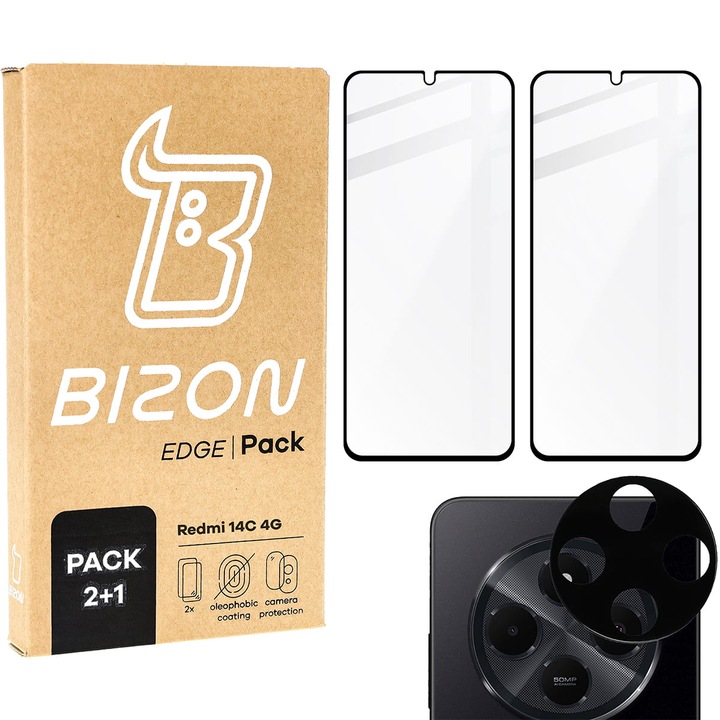 Set 2x Sticla + sticla pentru camera Bizon Glass Edge 2 Pack pentru Xiaomi Redmi 14C 4G, transparenta