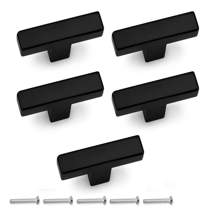 Set 5 manere mobila, SINBINTA, Feronerie si accesorii mobila, cu suruburi, Manere de dulap Negru, 50 mm Lungime, Inox, Pentru dormitor, bucatarie, comoda, noptiera, dulap
